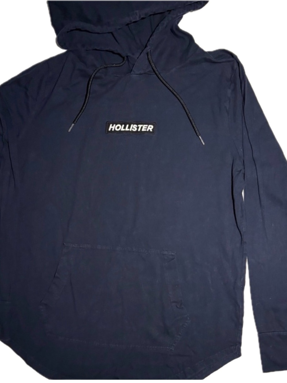 Hollister Men’s Navy Blue Box Logo Pullover Hoodie Size Medium